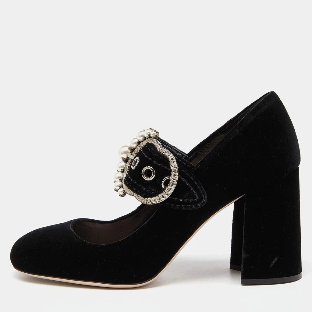 商品[二手商品] Miu Miu|Miu Miu Black Velvet Pearl Embellished Mary Jane Pumps Size 38.5,价格¥4620,第1张图片