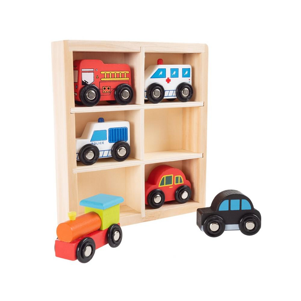 Hey Play Wooden Car Playset - Mini Toy Vehicle Set With Cars, Police And Fire Trucks, Train-Pretend Play Fun For Preschool Boys And Girls, 6 Pieces商品第3张图片规格展示