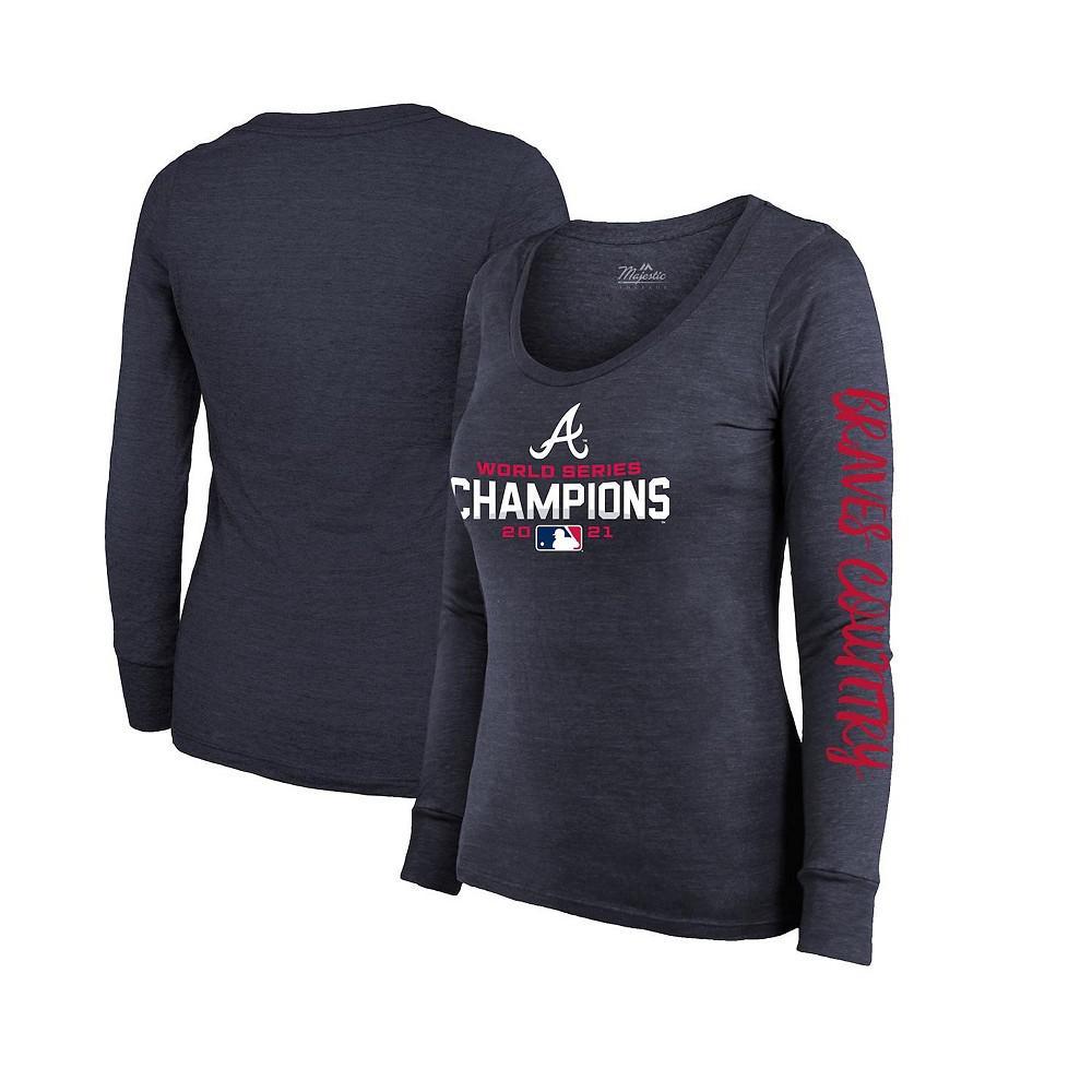 商品Majestic|Women's Threads Navy Atlanta Braves 2021 World Series Champions Two-Hit Tri-Blend Long Sleeve Scoop Neck T-shirt,价格¥265,第1张图片