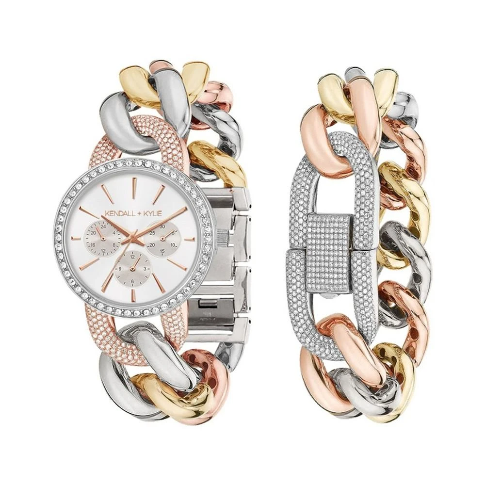 商品KENDALL & KYLIE|Women's Large Open-Link Crystal Embellished Tri Tone Stainless Steel Strap Analog Watch and Bracelet Set,价格¥150,第1张图片