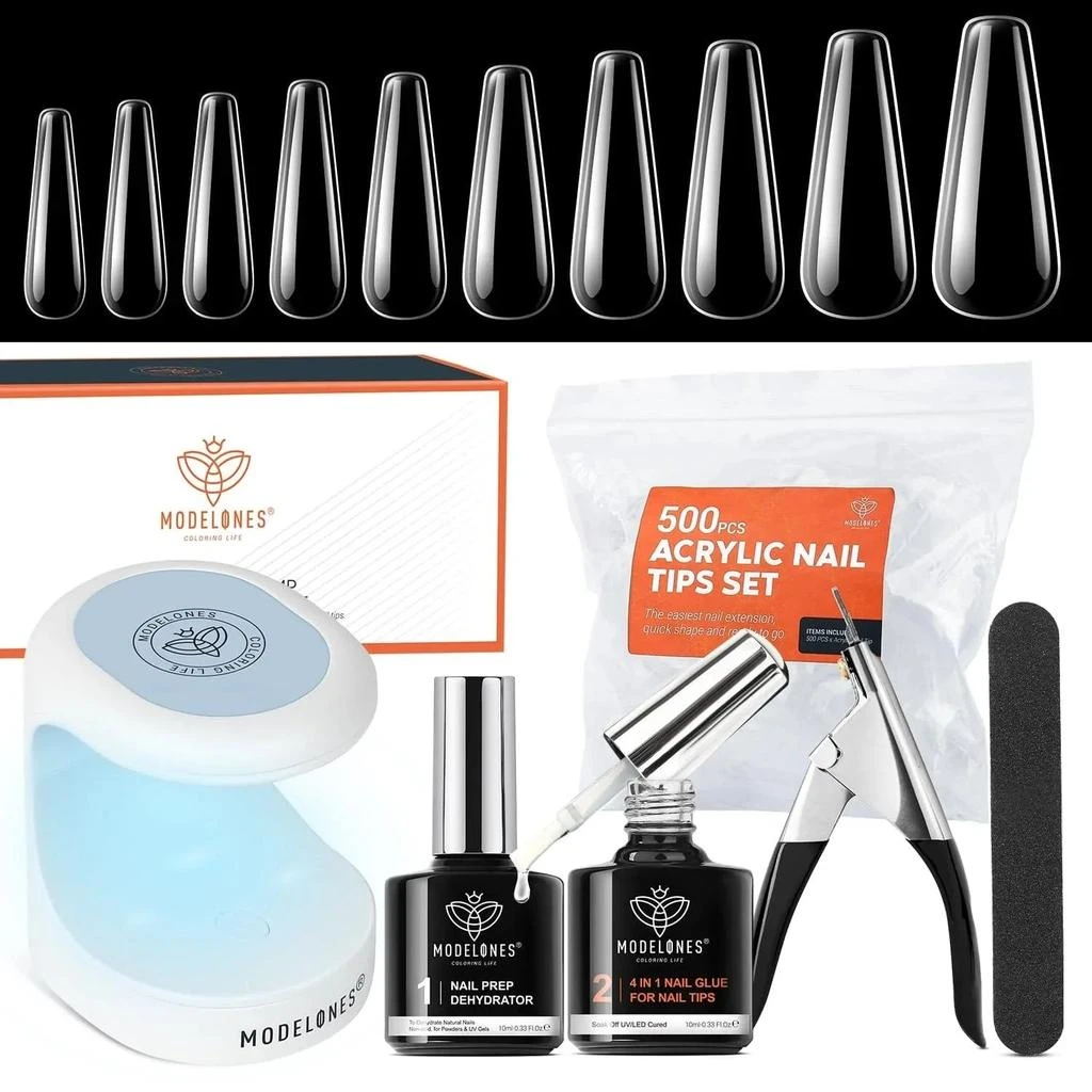 商品[国内直发] MODELONES|【Flash Sale】4-in-1 Nail Glue and Mini Lamp with 500Pcs Coffin Nail Tips Kit,价格¥75,第1张图片