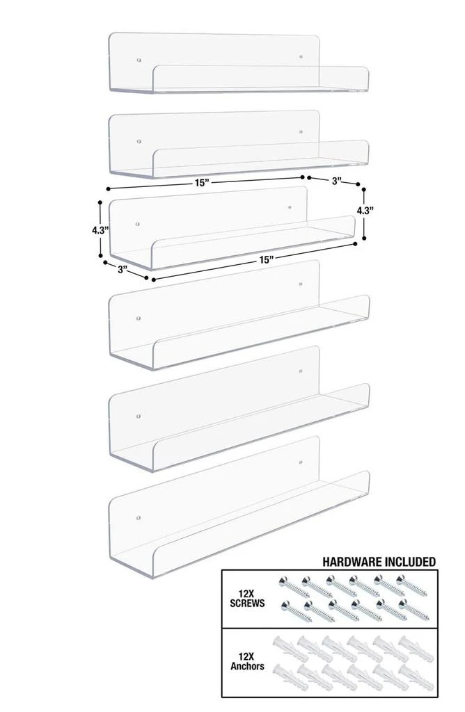 商品SORBUS|Floating Acrylic Wall Ledge Shelf - Set of 6,价格¥402,第1张图片