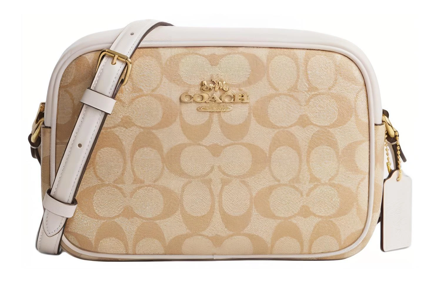 商品[国内直发] Coach|蔻驰 Jamie 22 经典老花金标五金扣拉链 涂层帆布拼光滑皮革 相机包单肩斜挎包 中号 女款 浅卡其色拼粉笔白色,价格¥1451,第1张图片