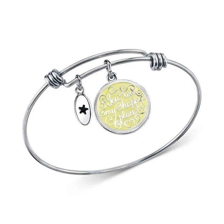 商品Unwritten|"Happy Place" Charm Adjustable Bangle Bracelet in Stainless Steel with Silver-Plated Charms,价格¥104,第1张图片