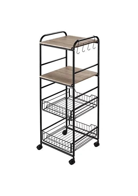 商品HOMCOM|16 4 Tier Rolling Kitchen Cart Utility Storage Trolley With 2 Basket Drawers Side Hooks For Dining Room And Kitchen Oak,价格¥379,第2张图片详细描述
