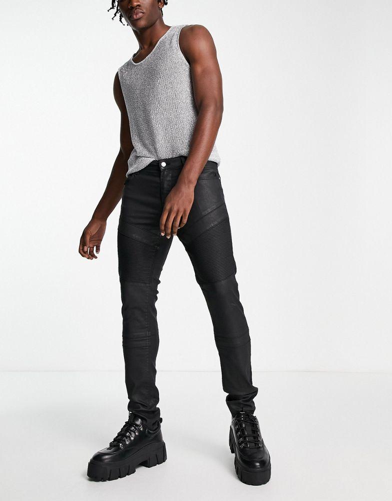 ASOS DESIGN skinny jeans with coated denim in black with biker detail商品第4张图片规格展示