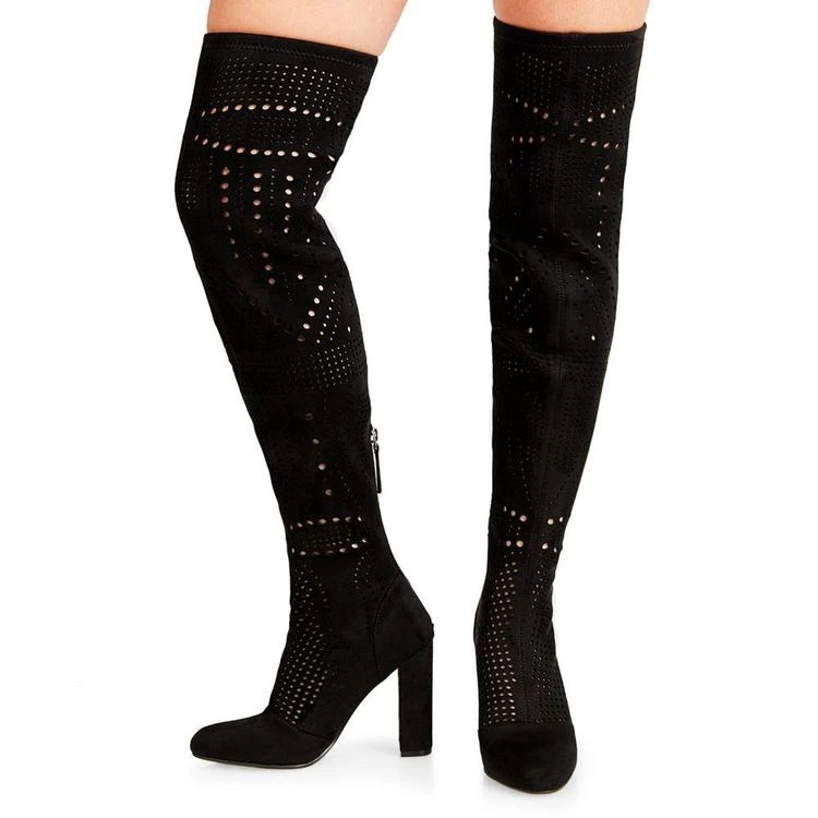 Eden Laser-Cut Block-Heel Over-The-Knee Boots 商品