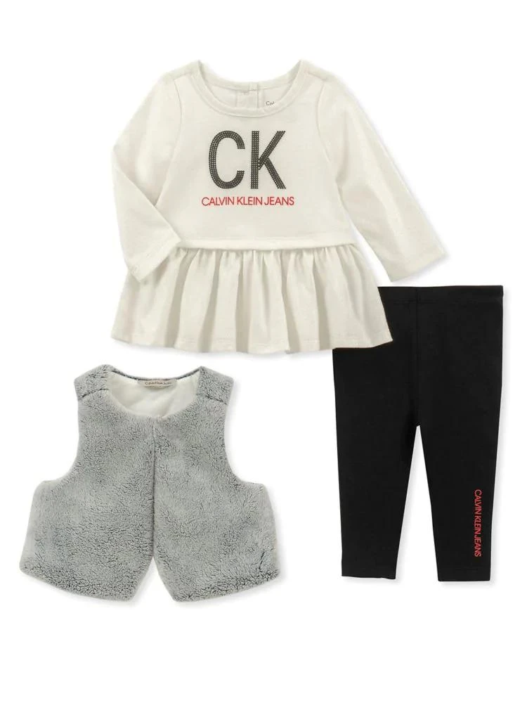 商品Calvin Klein|Baby Girl's 3-Piece Faux Fur Vest, Top &amp; Leggings Set,价格¥96,第1张图片