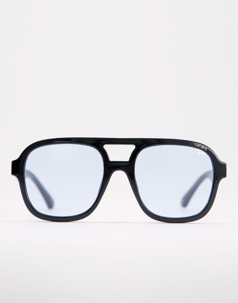 ASOS DESIGN frame aviator sunglasses with blue lens in black   - BLACK商品第2张图片规格展示