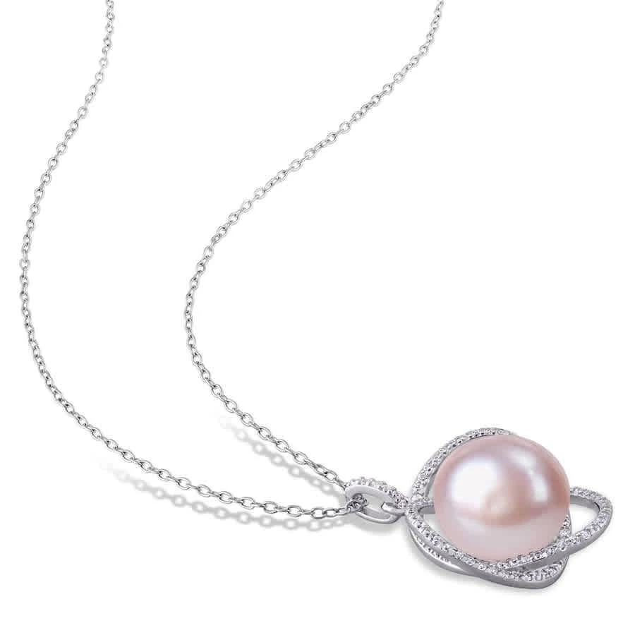 商品Amour|12 - 12.5 Mm Pink Cultured Freshwater Pearl and 1 CT TGW Cubic Zirconia Interlaced Halo Necklace In Sterling Silver,价格¥297,第3张图片详细描述