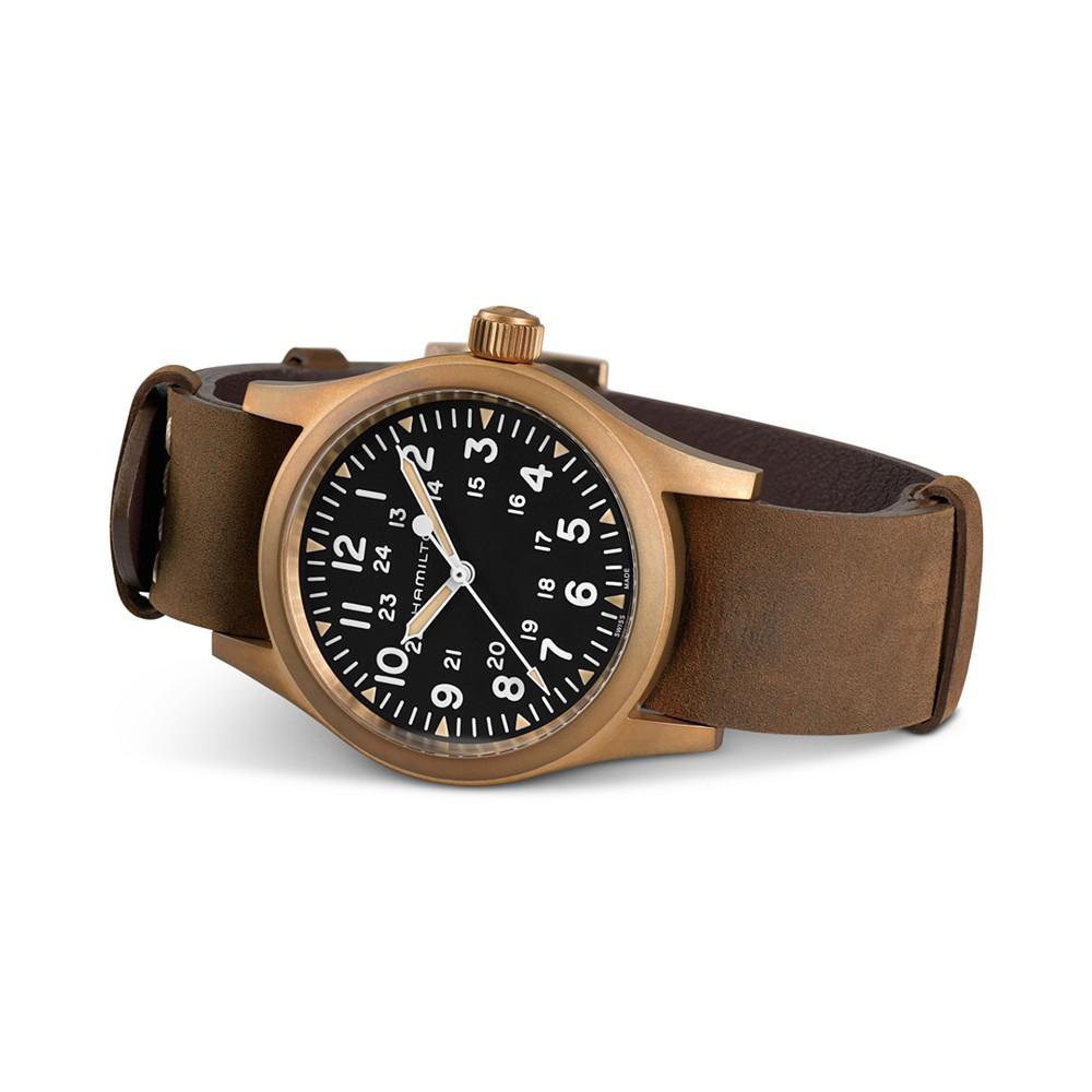 Men's Swiss Mechanical Khaki Field Brown Leather Strap Watch 38mm商品第2张图片规格展示