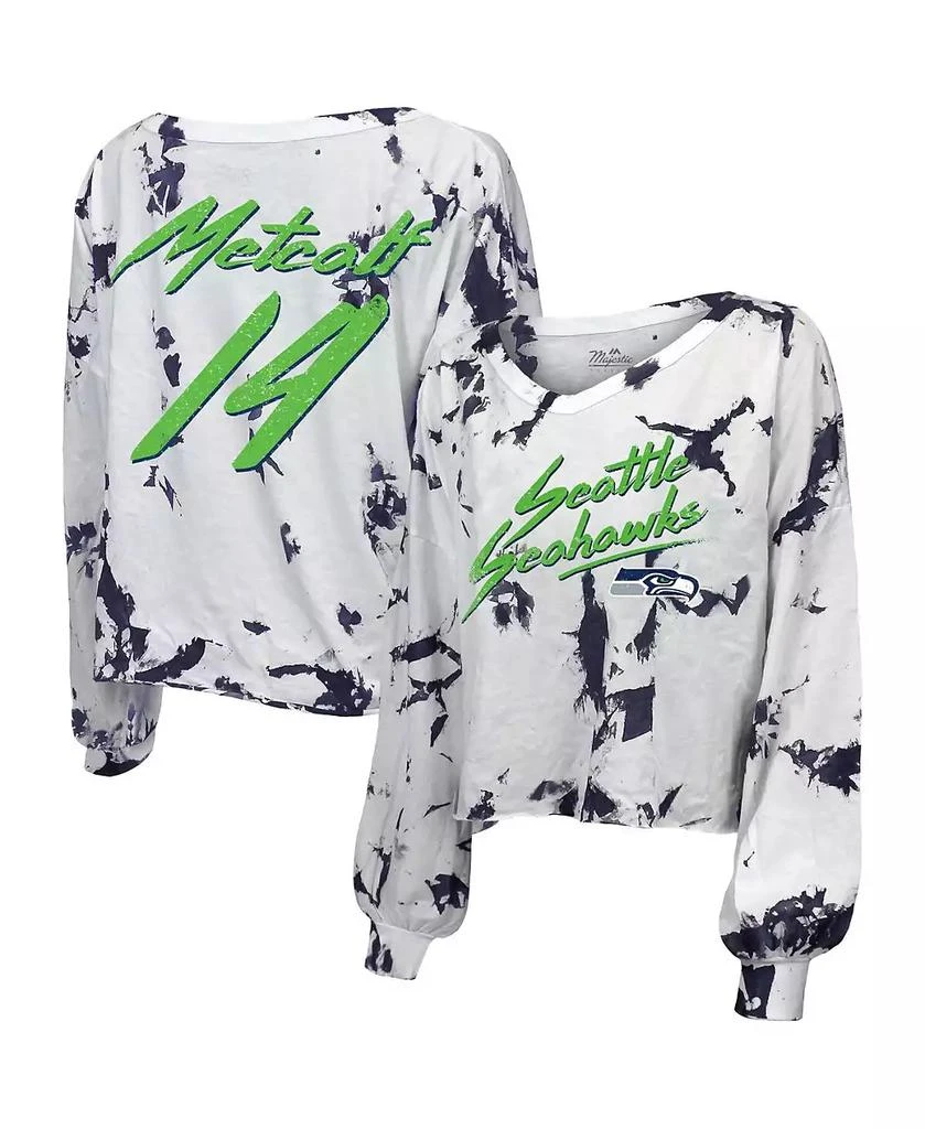商品Majestic|Women's Threads DK Metcalf White Seattle Seahawks Off-Shoulder Tie-Dye Name and Number Long Sleeve V-Neck Crop-Top T-shirt,价格¥358,第1张图片