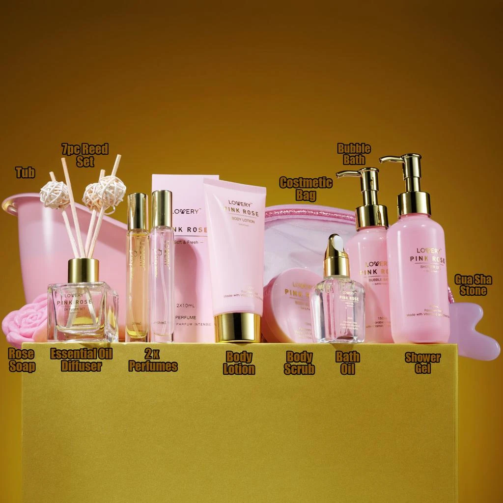 商品Lovery|Luxury Spa Kit, 18pc Pink Rose Relaxing Basket with Perfumes, Gua Sha and More,价格¥556,第2张图片详细描述