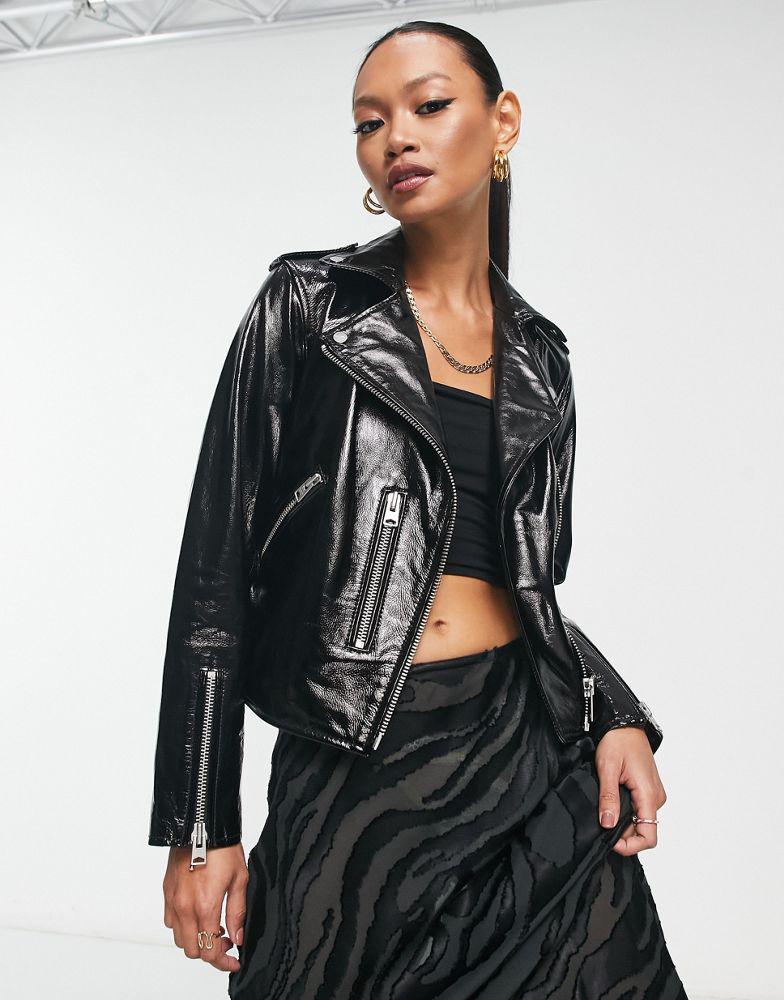 AllSaints Fern high shine leather biker jacket in black商品第1张图片规格展示