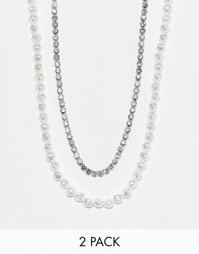 商品ASOS|ASOS DESIGN 2 pack layered crystal tennis chain and faux pearl necklace,价格¥140,第1张图片