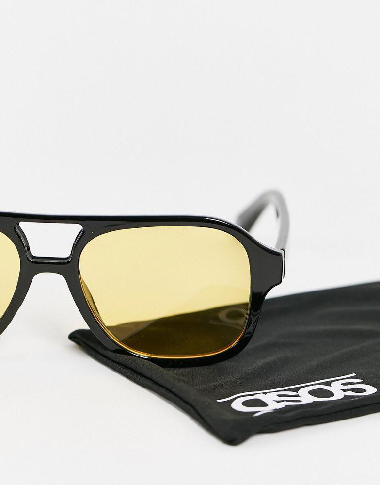 ASOS DESIGN 70's Aviator sunglasses in black frame with yellow lens - BLACK商品第2张图片规格展示