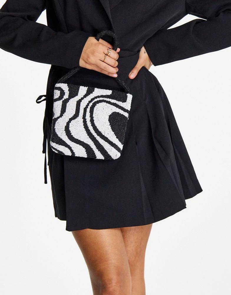 商品ASOS|ASOS DESIGN beaded shoulder bag in mono swirl print ,价格¥198,第2张图片详细描述