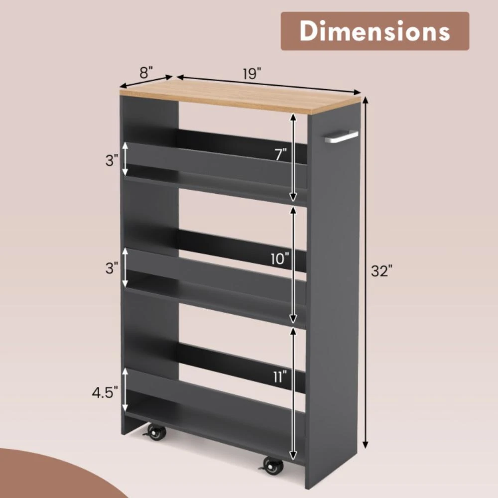 4-Tier Rolling Storage Cart Slim Kitchen Cart on Wheels with Open Shelves and Handle-Gray 商品
