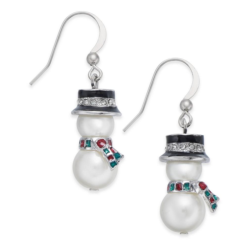 Silver-Tone Crystal & Imitation Pearl Snowman Drop Earrings, Created for Macy's商品第1张图片规格展示
