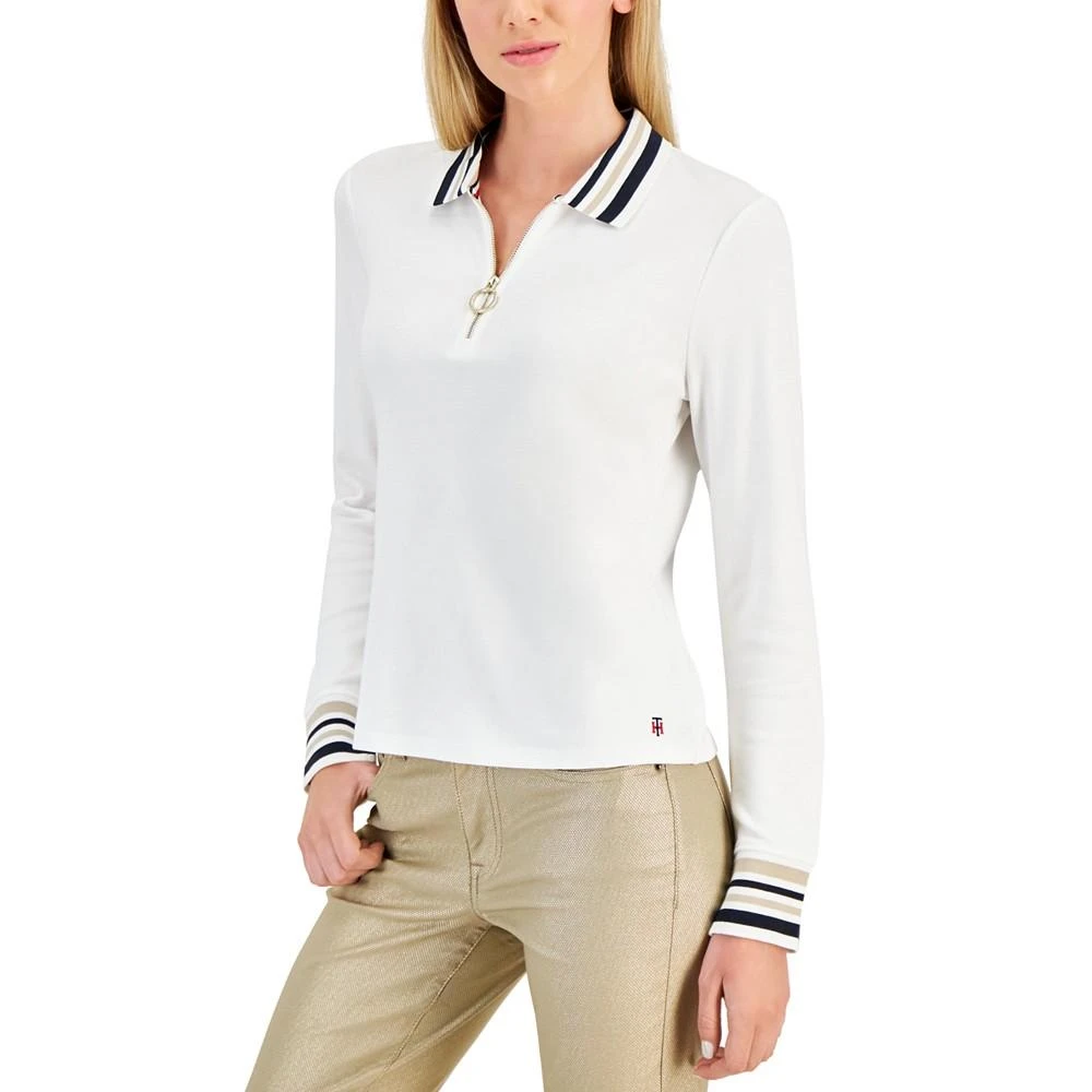 商品Tommy Hilfiger|Women's Cotton Striped-Collar Long-Sleeve Zip Polo,价格¥392,第1张图片
