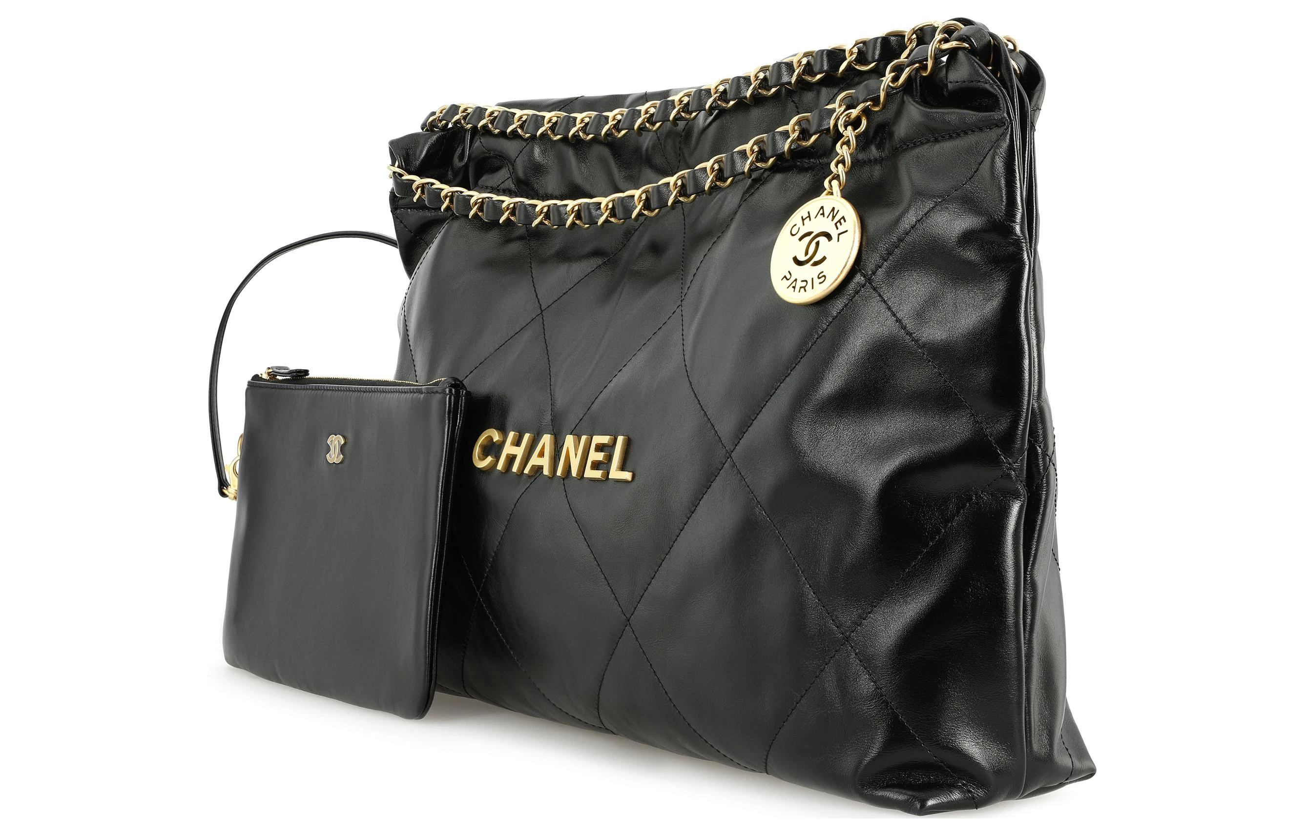 商品[国内直发] Chanel|香奈儿 22Bag 24C 早春度假系列 金扣大容量 皮革 手提单肩包 常规 女款 黑色,价格¥46836,第3张图片详细描述