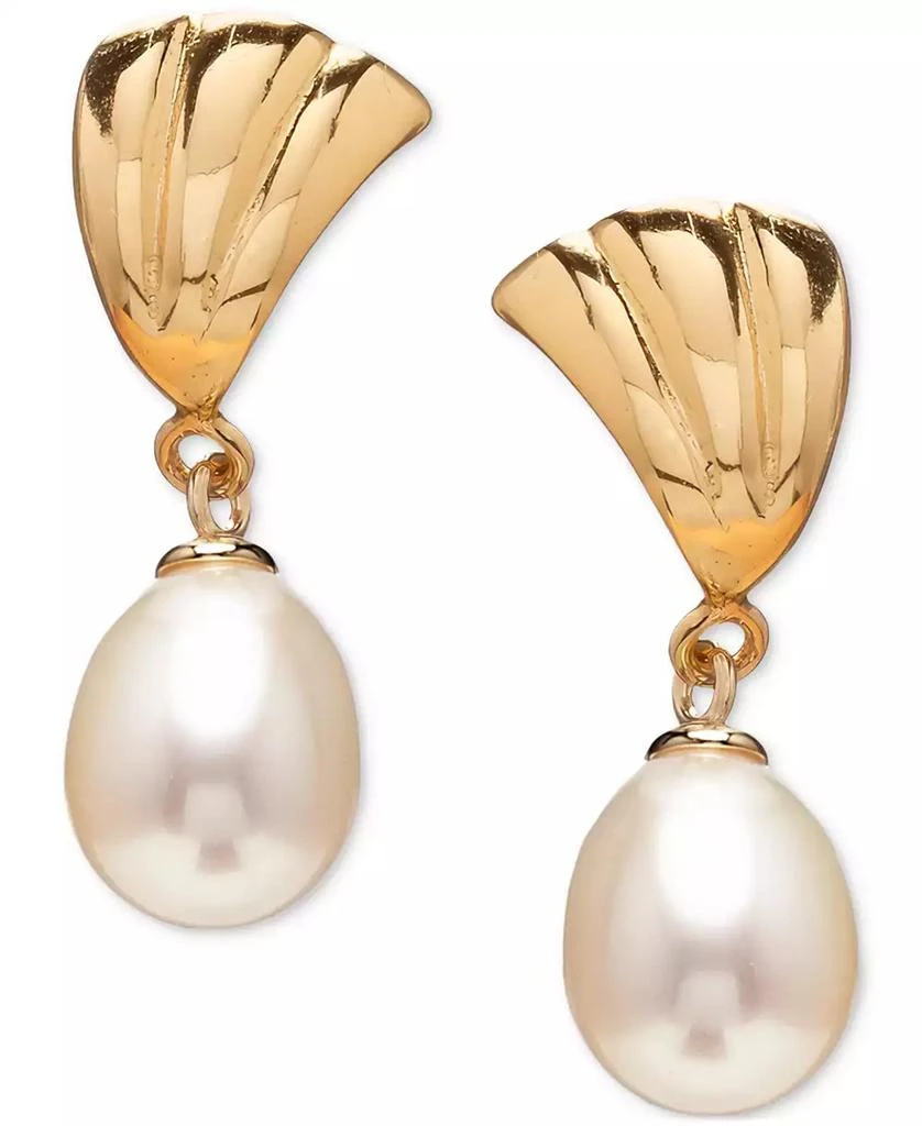 商品Macy's|Cultured Freshwater Pearl (7.5-9.5mm) Ridged Fan Drop Earrings in 18k Gold over Sterling Silver, Created for Macy's,价格¥405,第1张图片