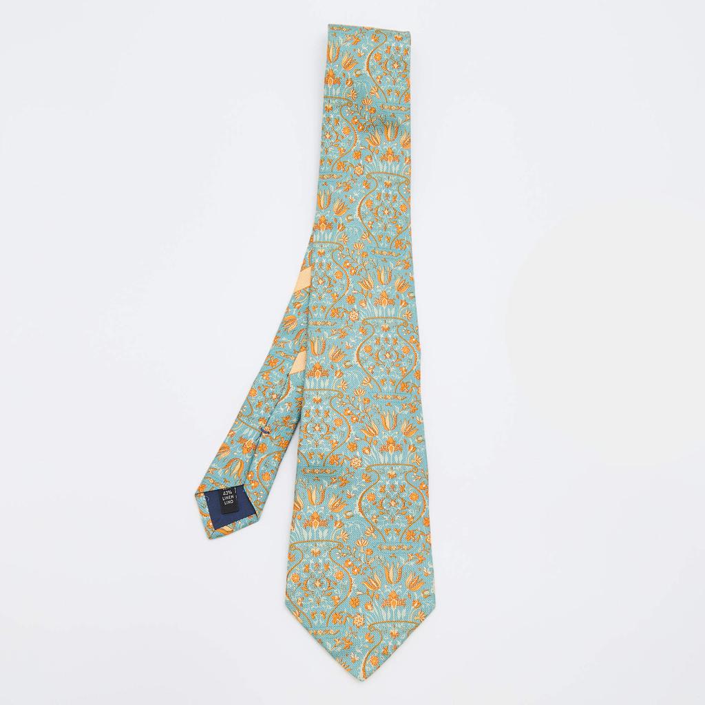 Salvatore Ferragamo Blue Floral Print Silk & Linen Tie商品第1张图片规格展示