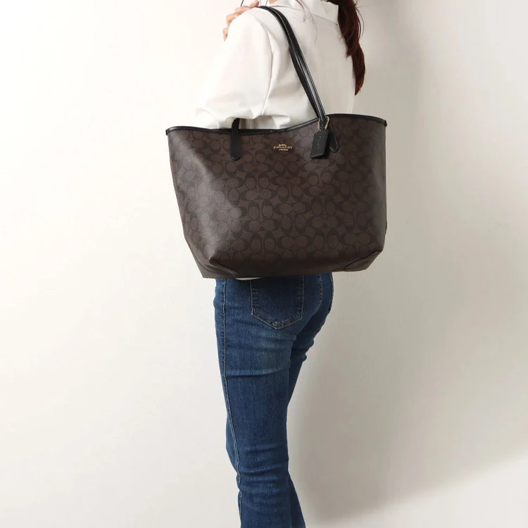 商品[国内直发] Coach|蔻驰 City 33 经典老花徽标Logo 帆布配皮 托特包Tote包购物袋手提包单肩包 大号 女款 深棕色,价格¥1938,第3张图片详细描述