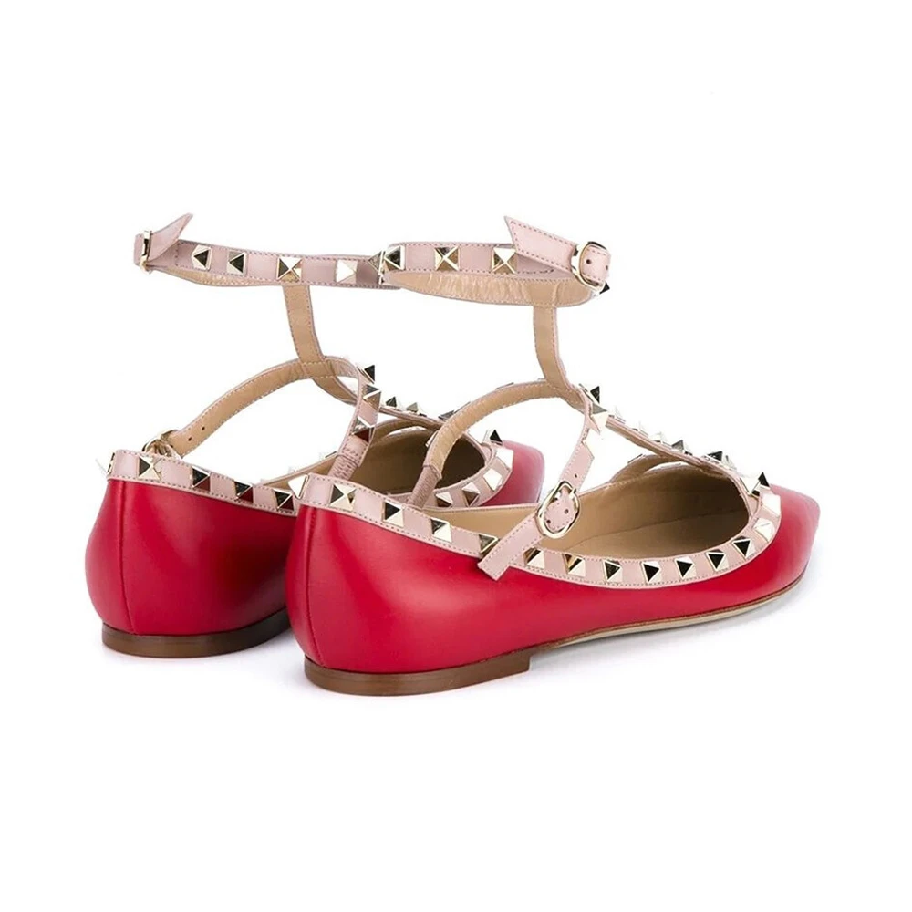 VALENTINO 女士红色皮革铆钉踝部绑带装尖头平底鞋 RW2S0376-VOD-R19 商品
