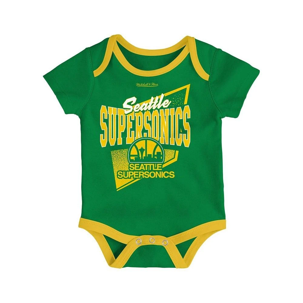 商品Mitchell & Ness|Newborn and Infant Boys and Girls Green, Gold Seattle SuperSonics 3-Piece Hardwood Classics Bodysuits and Cuffed Knit Hat Set,价格¥306,第3张图片详细描述