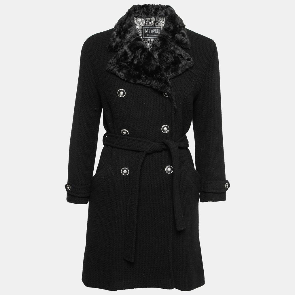 Versus Versace Vintage Black Faux-Fur Collar Wool Belted Coat S商品第1张图片规格展示