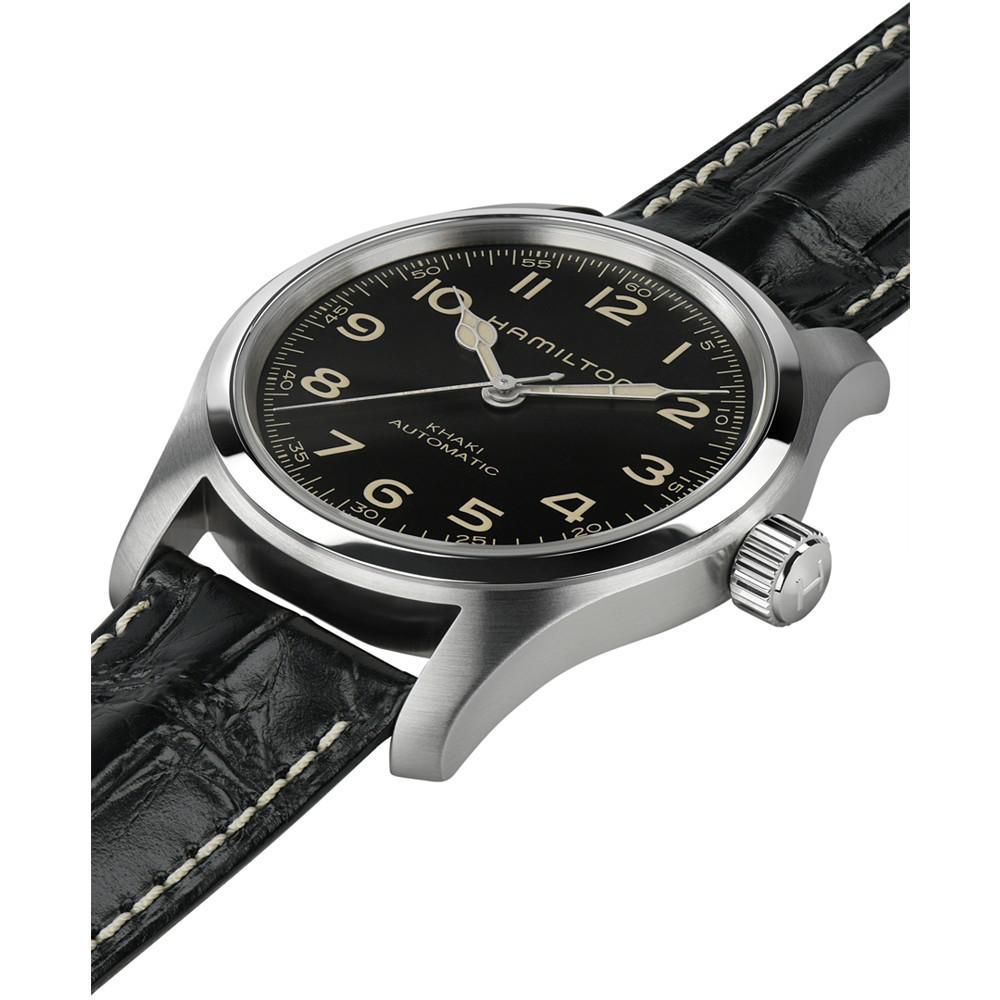 Men’s Swiss Automatic Khaki Field Black Leather Strap Watch 42mm商品第2张图片规格展示