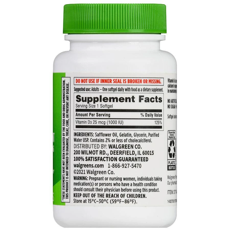 商品Walgreens|Vitamin D3 25 mcg (1000 IU) Softgels,价格¥111,第4张图片详细描述