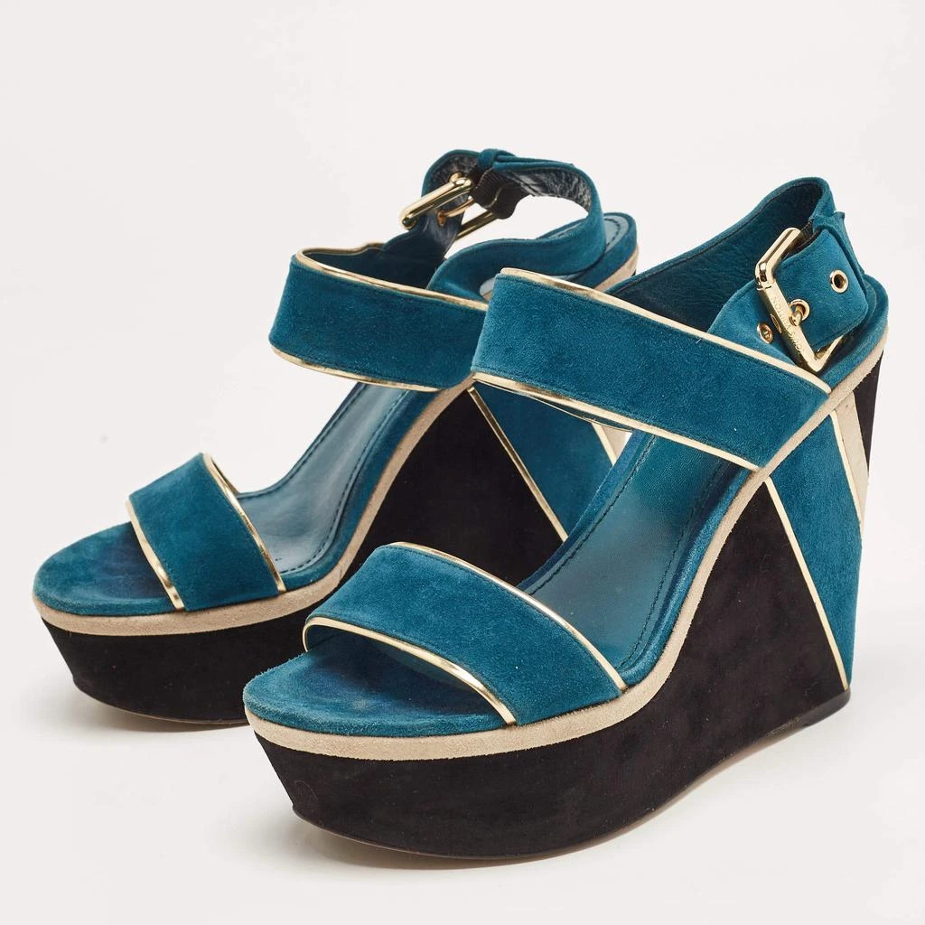 商品[二手商品] Louis Vuitton|Louis Vuitton Gold/Blue Suede Wedge Platform Slingback Sandals Size 40,价格¥2279,第2张图片详细描述