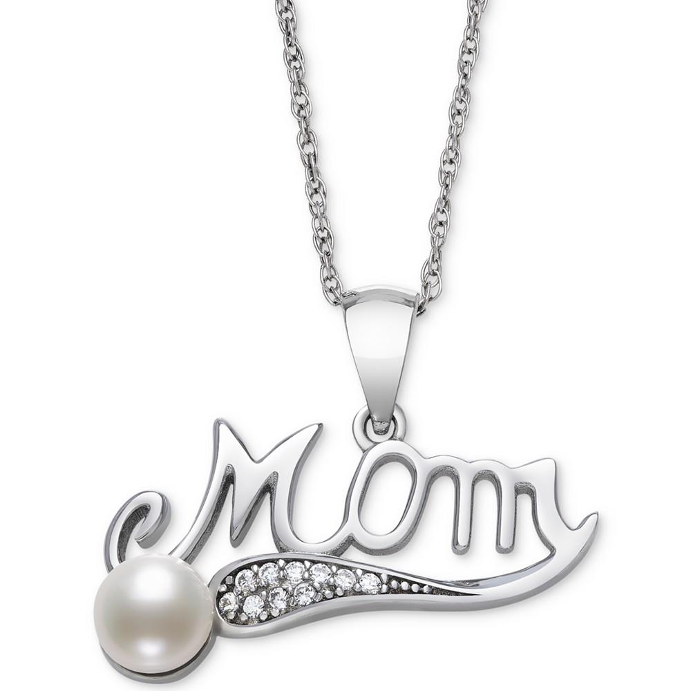 Cultured Freshwater Button Pearl (5mm) & Cubic Zirconia Mom 18" Pendant Necklace in Sterling Silver商品第1张图片规格展示