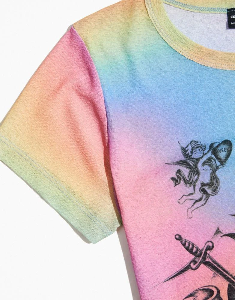 商品ASOS|ASOS DESIGN PRIDE genderless baby tee in rainbow tie dye mesh with front print,价格¥109,第4张图片详细描述