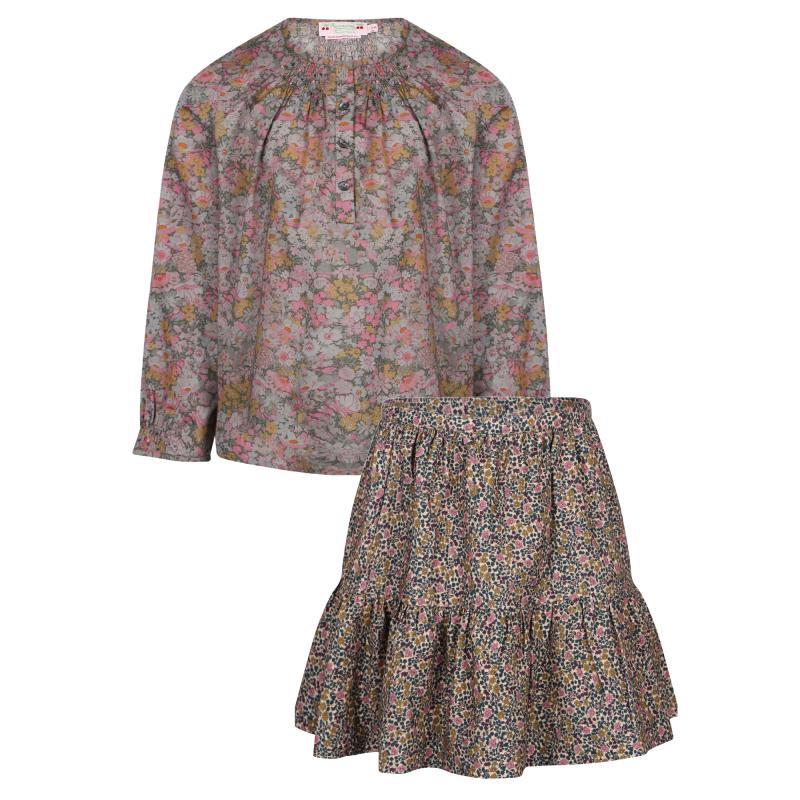 商品Bonpoint|Liberty floral print blouse and ruffles midi skirt set in grey green and cream,价格¥4055,第1张图片