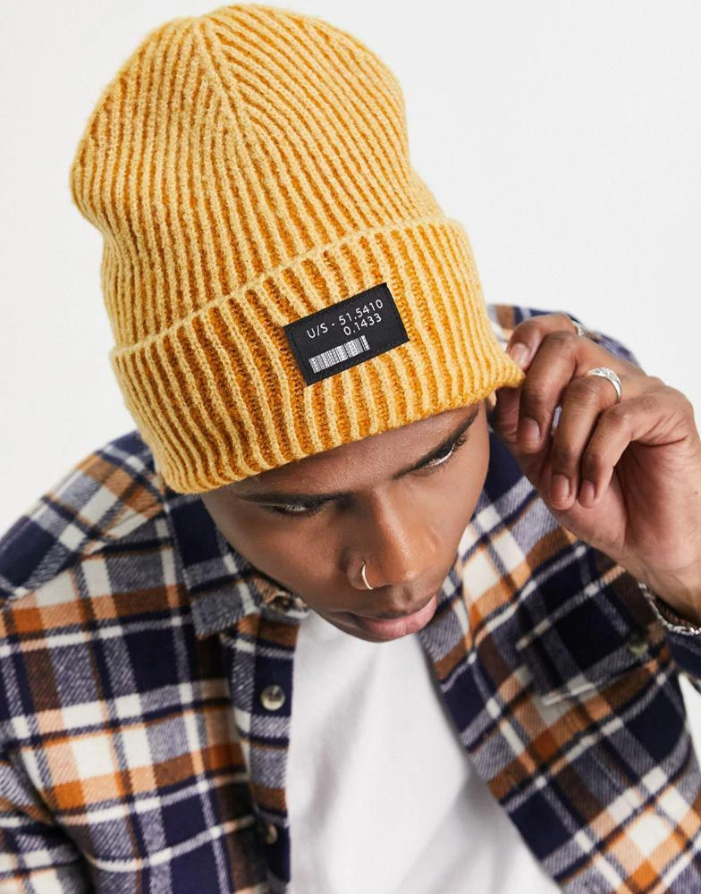 商品ASOS|ASOS DESIGN rib beanie with deep turn up in two tone mustard and white,价格¥59,第3张图片详细描述