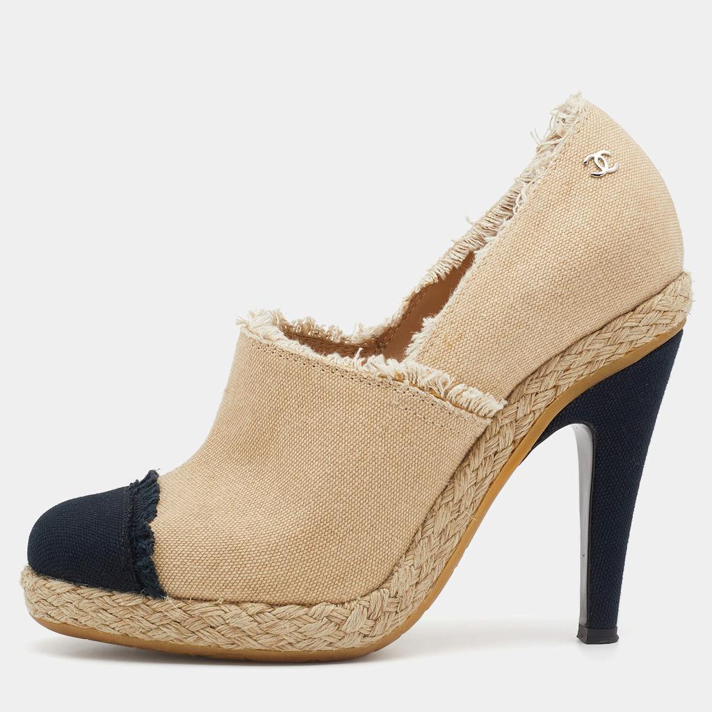 商品[二手商品] Chanel|Chanel Beige/Black Canvas CC Cap Toe Espadrille Booties Size 37,价格¥4104,第1张图片