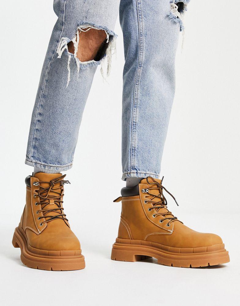 商品ASOS|ASOS DESIGN chunky lace up boot in beige with gum sole,价格¥343,第1张图片