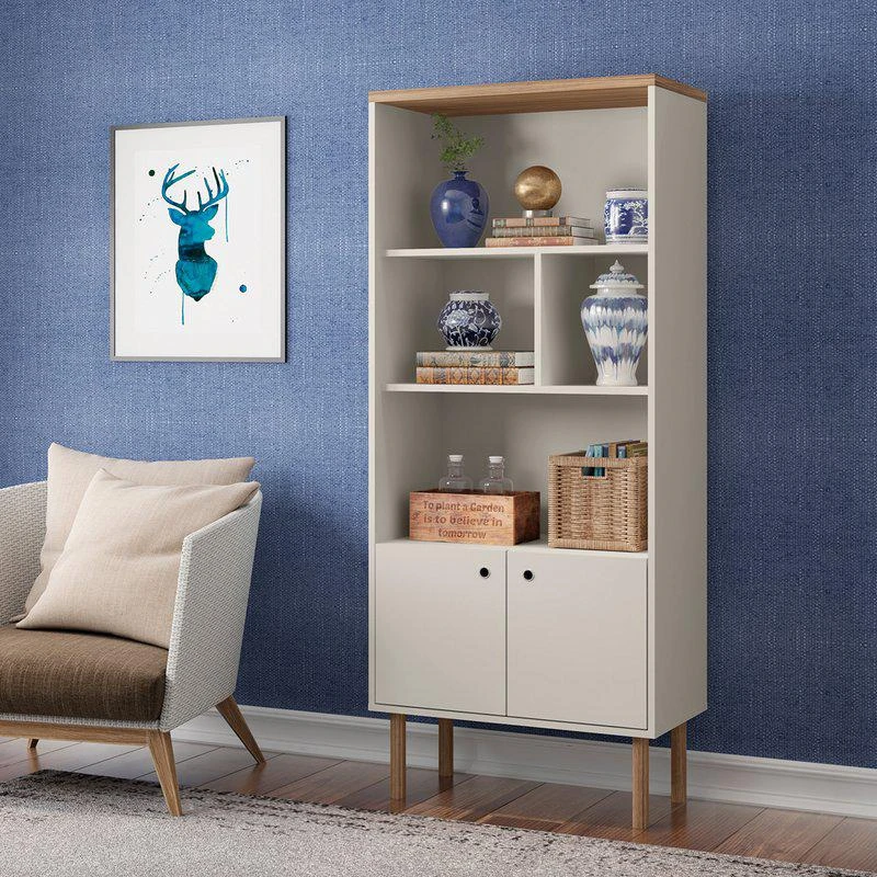 商品Sunnydaze Decor|Mid-Century Modern 5-Shelf Bookshelf with Storage Cabinet Latte,价格¥1232,第2张图片详细描述