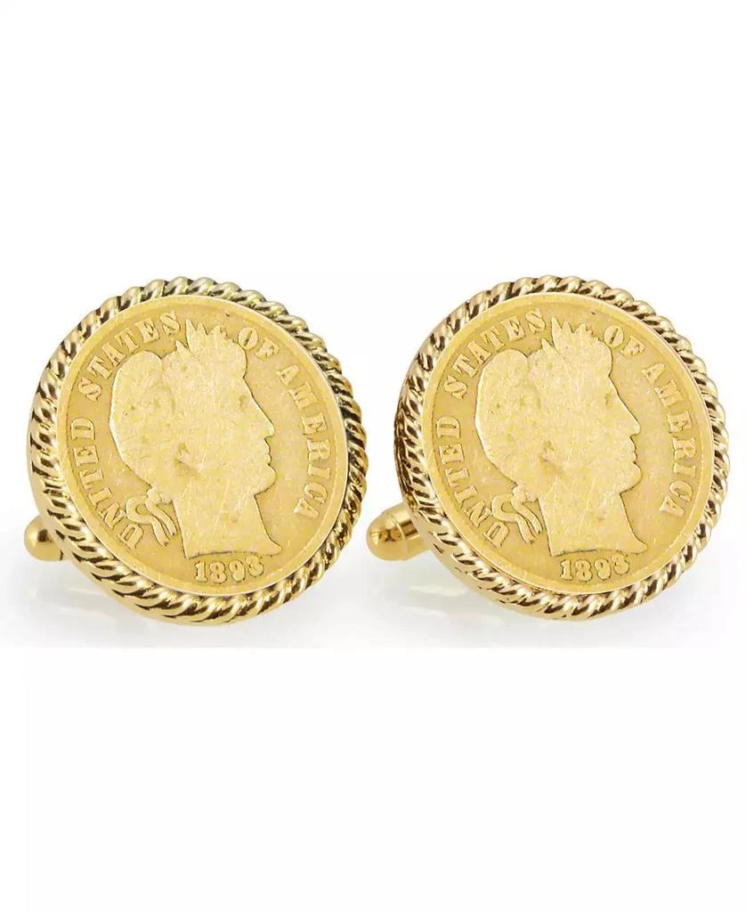 商品American Coin Treasures|Gold-Layered 1800's Silver Barber Dime Rope Bezel Coin Cuff Links,价格¥593,第1张图片