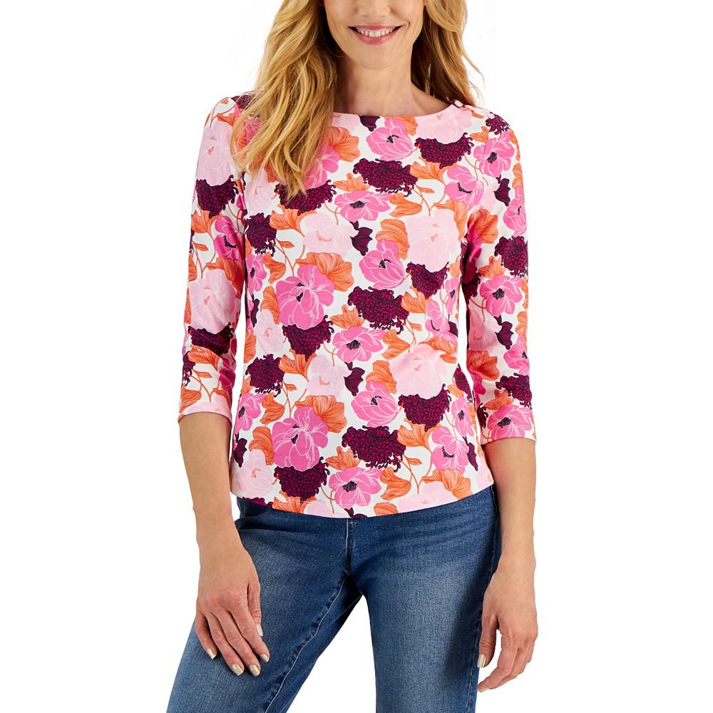 Women's 3/4-Sleeve Floral Boatneck Top, Created for Macy's商品第1张图片规格展示