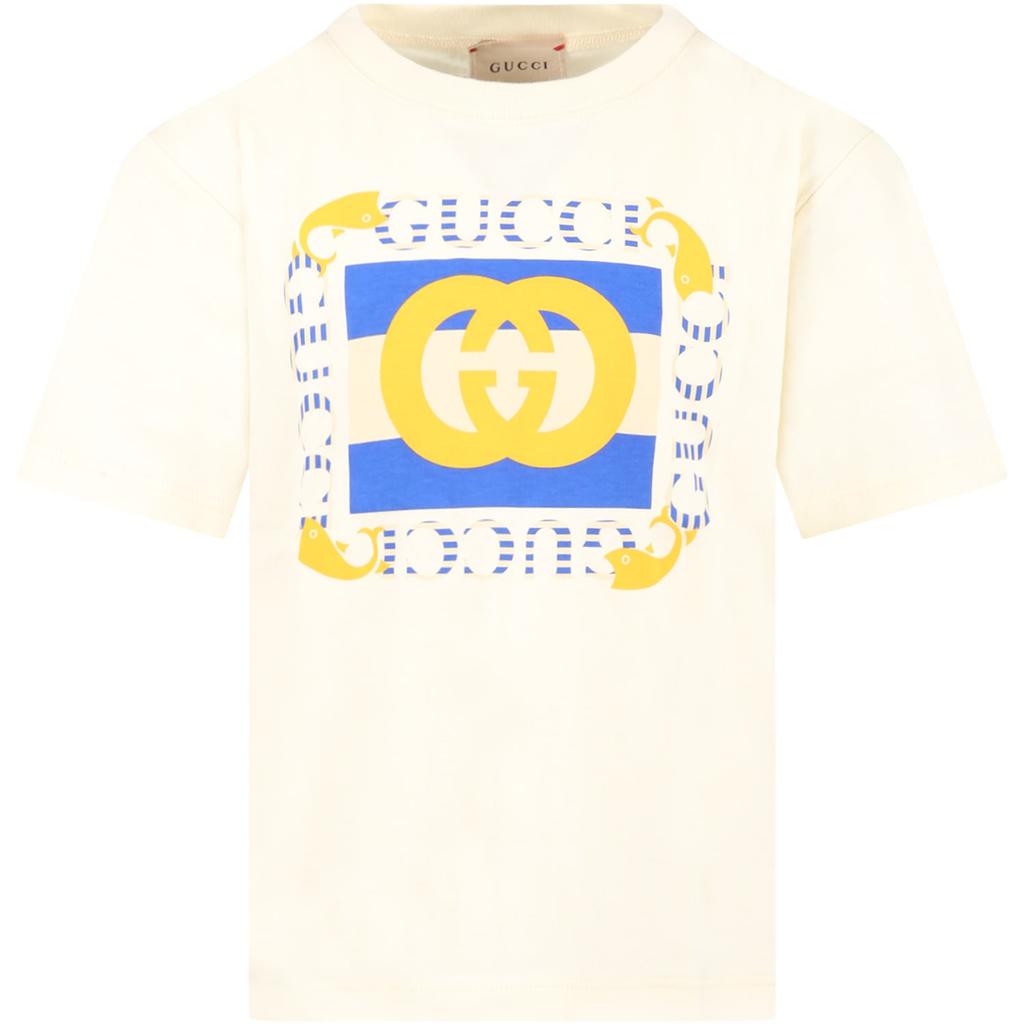 Gucci Ivory T-shirt For Boy With Yellow Logo商品第1张图片规格展示