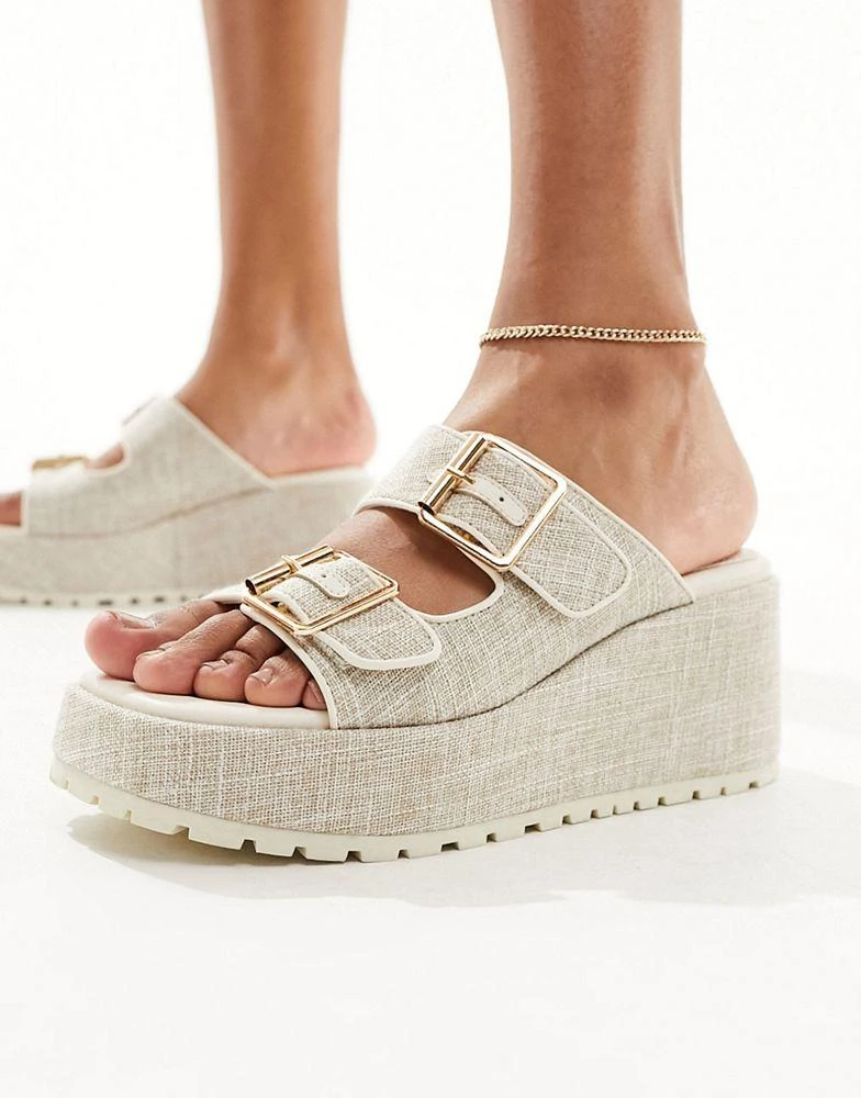 商品ASOS|ASOS DESIGN Texas buckle detail wedge mules in natural,价格¥272,第1张图片