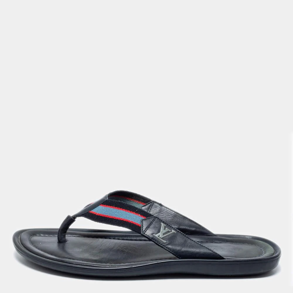 商品[二手商品] Louis Vuitton|Louis Vuitton Navy Blue Leather and Canvas Thong Slides Size 44.5,价格¥1542,第1张图片