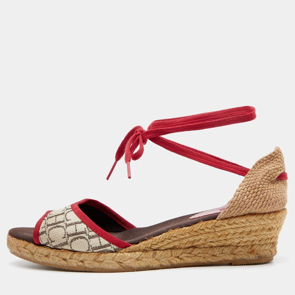 商品[二手商品] Carolina Herrera|CH Carolina Herrera Multicolor Monogram Canvas And Jute Espadrille Ankle Wrap Sandals Size 39,价格¥807,第1张图片