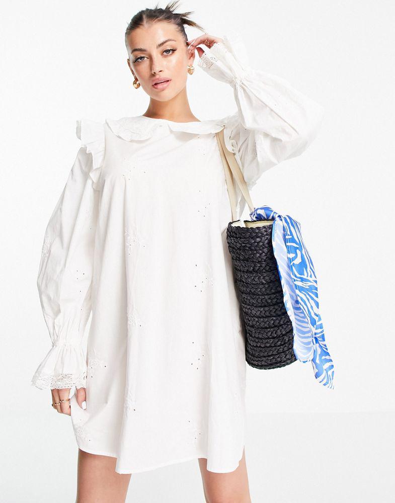 River Island broderie collared mini smock dress in white商品第1张图片规格展示