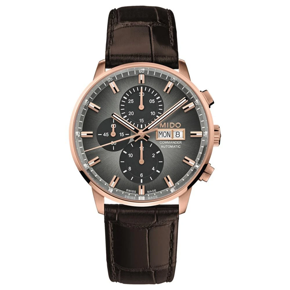 商品MIDO|Men's Swiss Automatic Chronograph Commander Brown Leather Strap Watch 43mm,价格¥15667,第1张图片