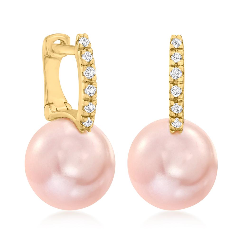 Ross-Simons 8-8.5mm Pink Cultured Pearl Huggie Hoop Drop Earrings With Diamond Accents in 14kt Yellow Gold商品第3张图片规格展示